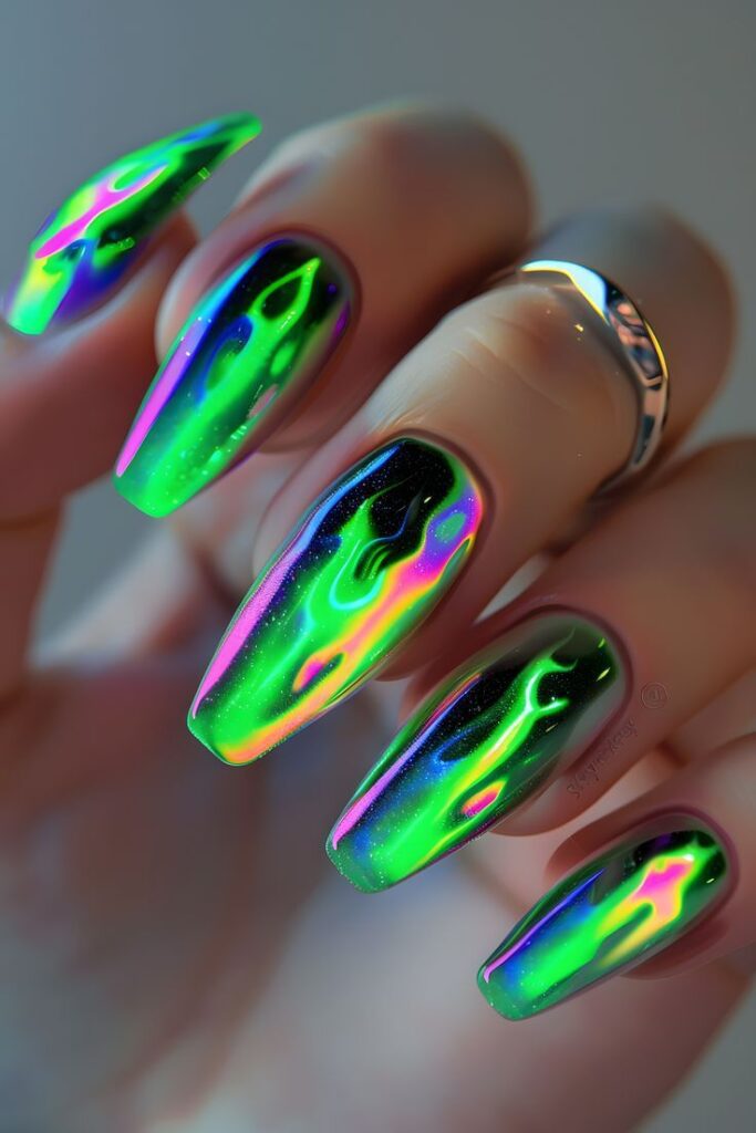 Neon green nails with a glossy finish, glowing under UV light