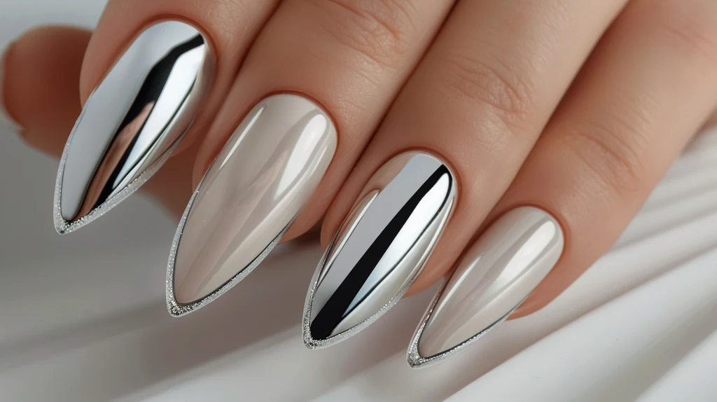 Mirror-like silver nails reflecting light, creating a sleek and edgy look