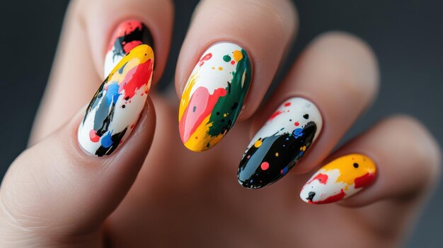 White nails with bold, colorful brush strokes resembling modern art